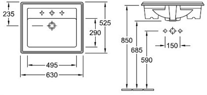 Раковина Villeroy&Boch Hommage 7102 63 R1/R2 63 см накладная встраиваемая сверху - фото 116655