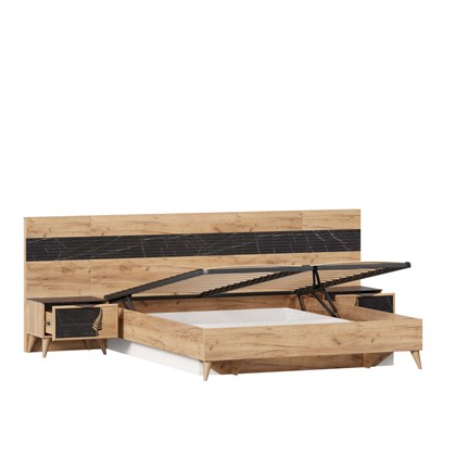 Шелли Кровать двуспальная 1600 с подъемным механизмом с тумбами и декоративным щитом (Дуб золотой/Мрамор черный) - фото 126572