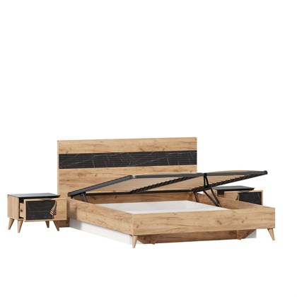 Шелли Кровать двуспальная 1600 с подъемным механизмом с тумбами (Дуб золотой/Мрамор черный) - фото 126577