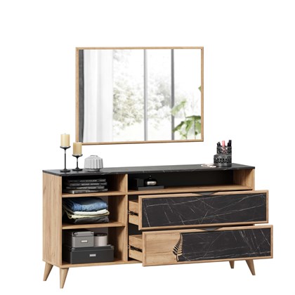 Шелли Комод 1500 с зеркалом (Дуб золотой/Камень Пьетра черный) - фото 126615