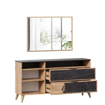 Шелли Комод 1500 с зеркалом (Дуб золотой/Камень Пьетра черный) - фото 126617