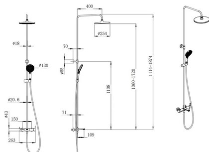 FO.201.KM.BLK.M Душевая колонна FONTE на 3 потока с фиксированным изливом и механическим смесителем, черный матовый - фото 142107
